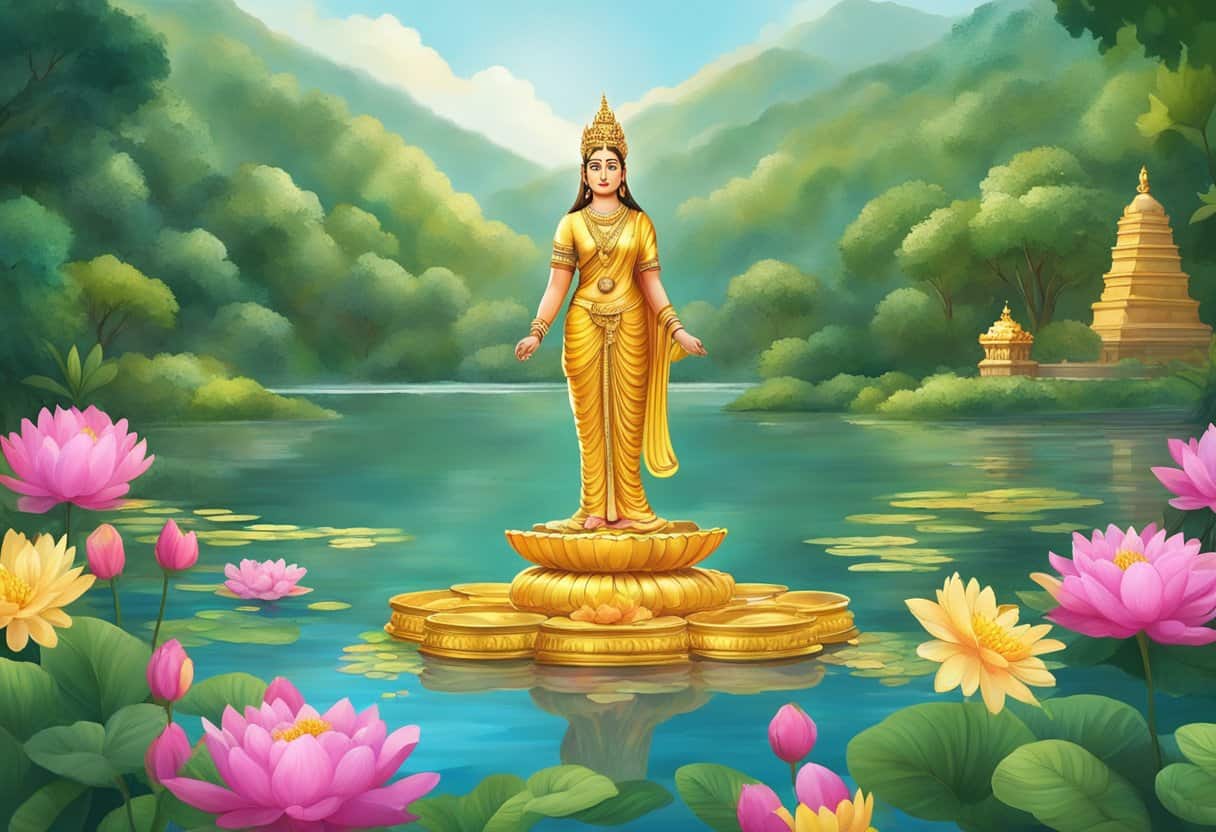A serene lake surrounded by vibrant flowers and lush greenery, with a golden statue of Lakshmi, the Hindu goddess of wealth and prosperity, standing at the center