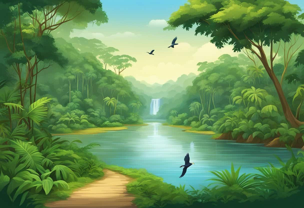 A serene jungle landscape with lush vegetation, exotic birds, and a flowing river, depicting the natural beauty of the Amazon rainforest