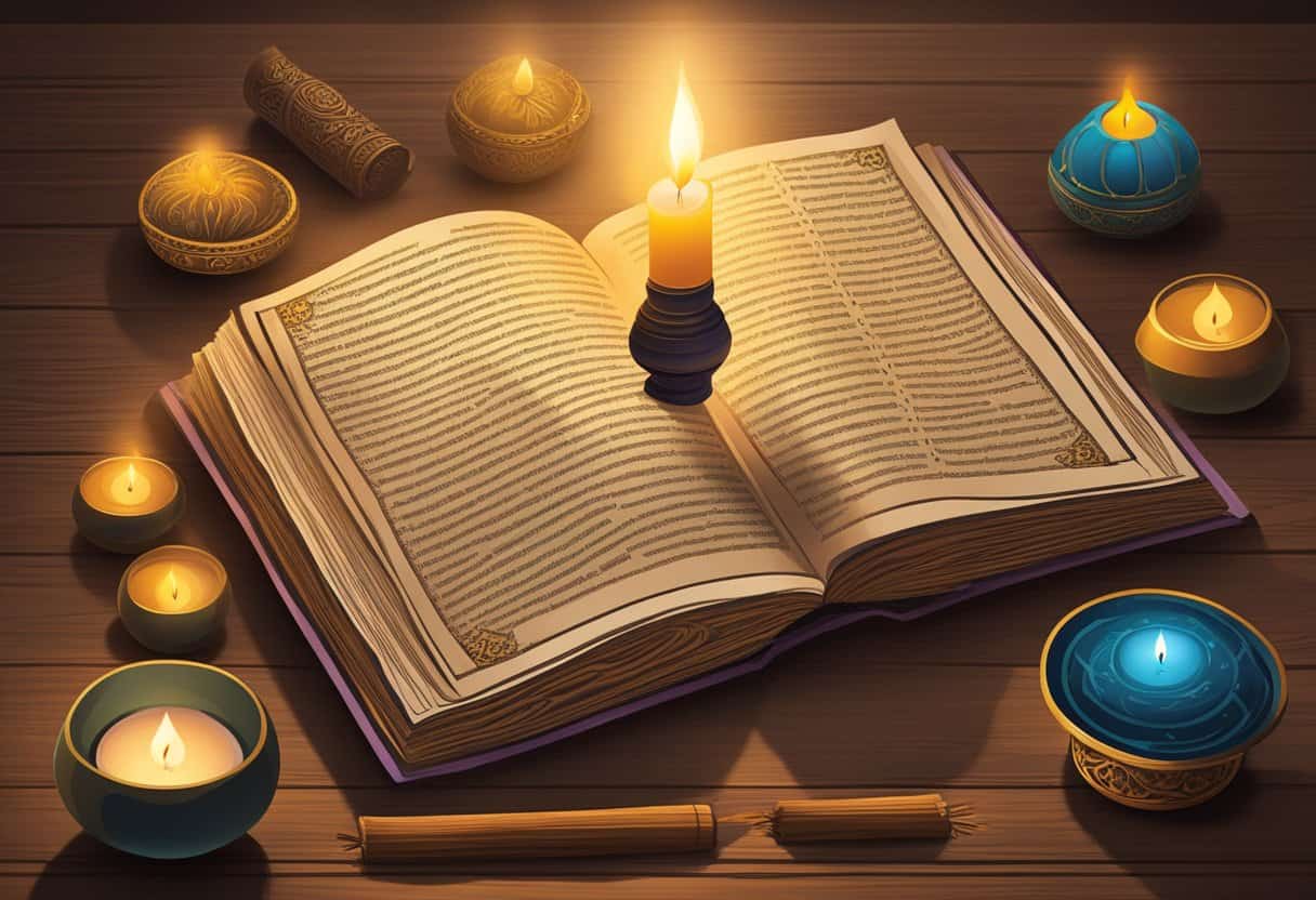 The Vedas, ancient texts, lie open on a wooden table, surrounded by flickering candlelight and fragrant incense