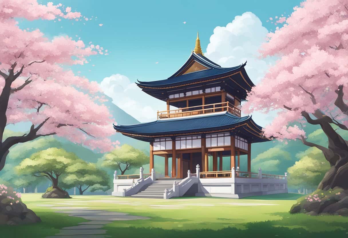 A serene Buddhist temple surrounded by lush greenery and blooming cherry blossom trees, with a clear blue sky overhead