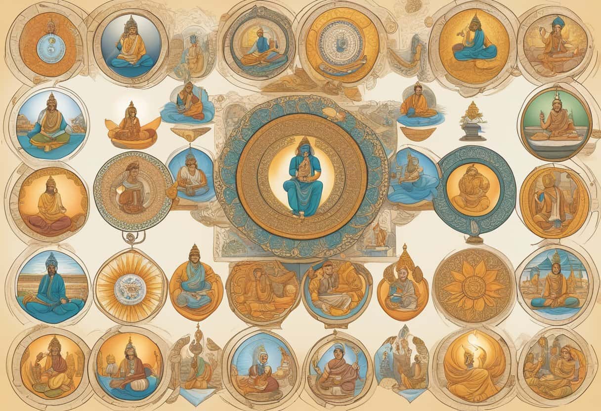 The Vedas in modern times, with symbols of cultural significance