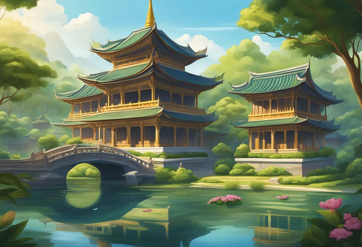 Buddhist temples with ornate roofs and intricate carvings surrounded by lush greenery and serene ponds