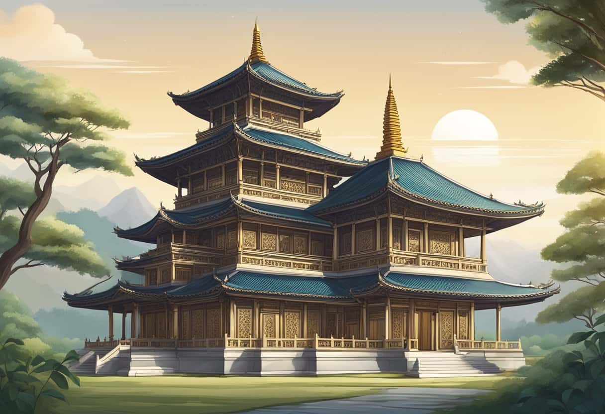A serene and ornate Buddhist temple with intricate architectural details and peaceful surroundings