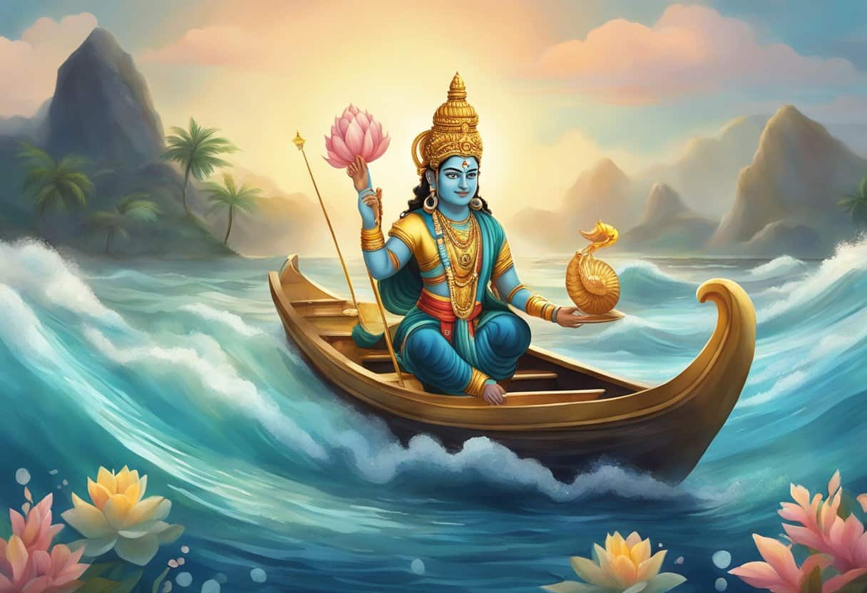 Matsya Avatar emerges from the ocean, holding a small boat with one hand and a conch shell in the other