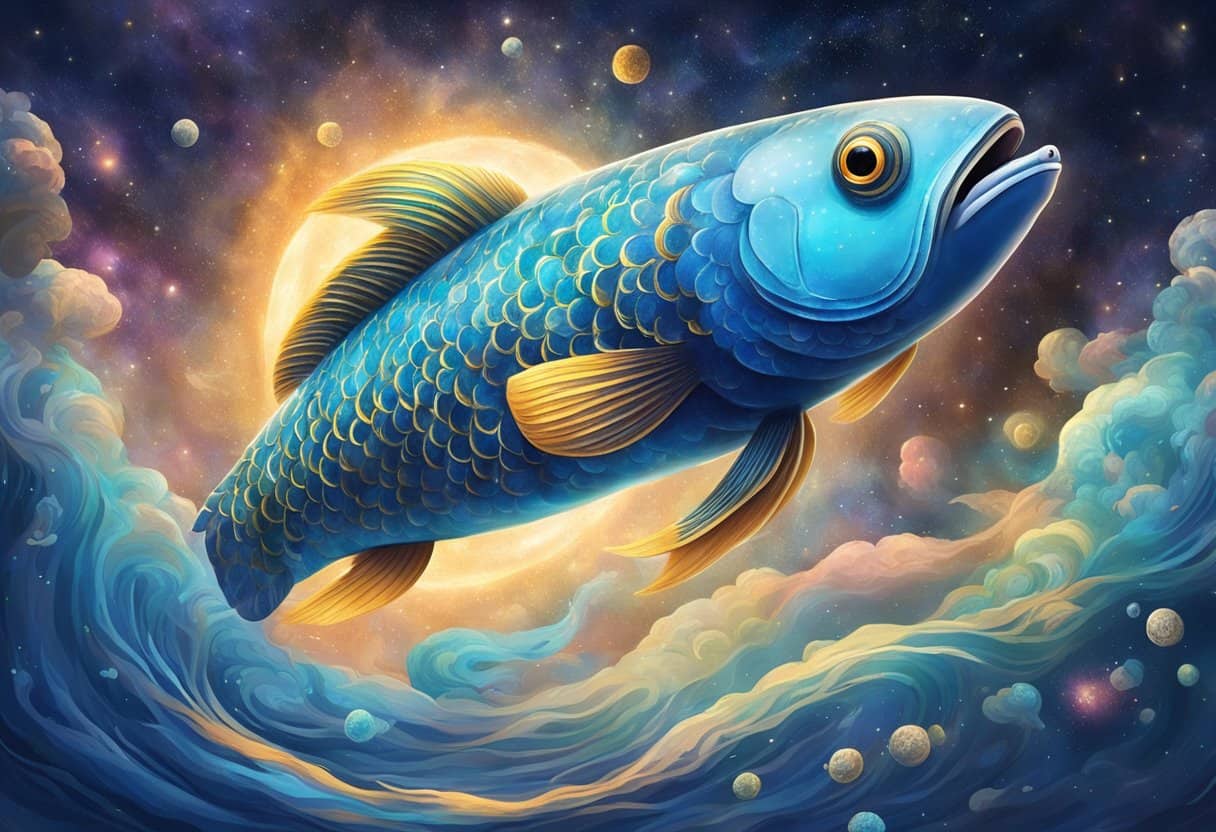 Matsya, the fish avatar, swimming in a cosmic ocean with swirling galaxies and celestial beings