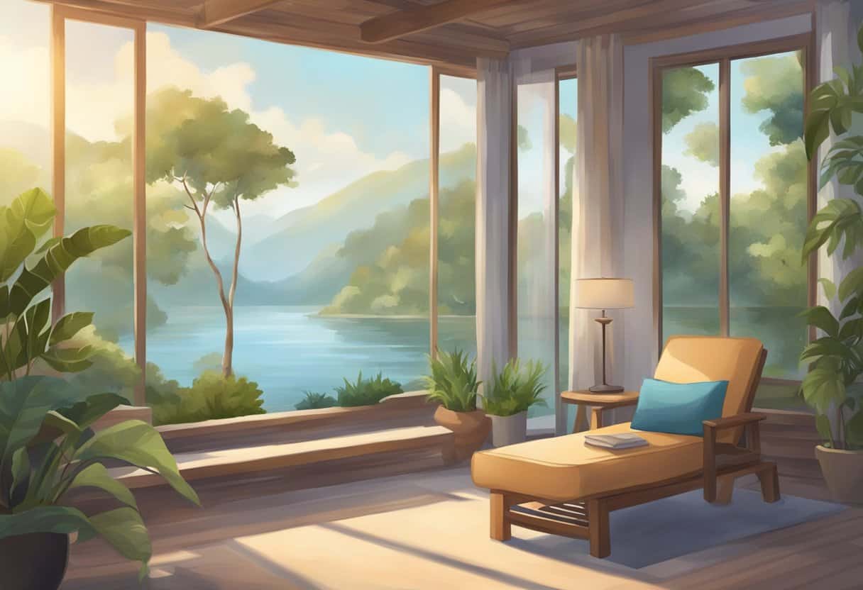 A serene setting with a peaceful atmosphere, featuring a comfortable and quiet space for relaxation and meditation