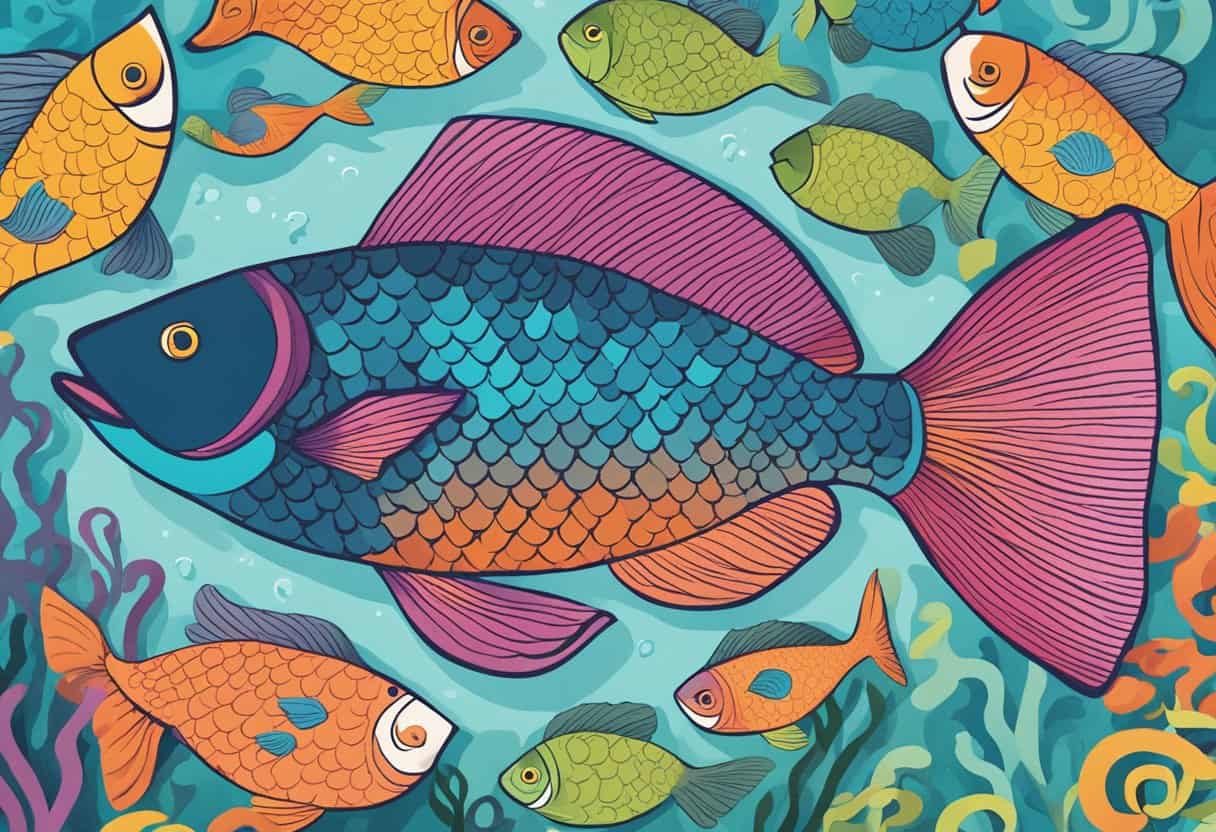 A fish-shaped mat with "Frequently Asked Questions" text surrounded by question marks and a vibrant color scheme