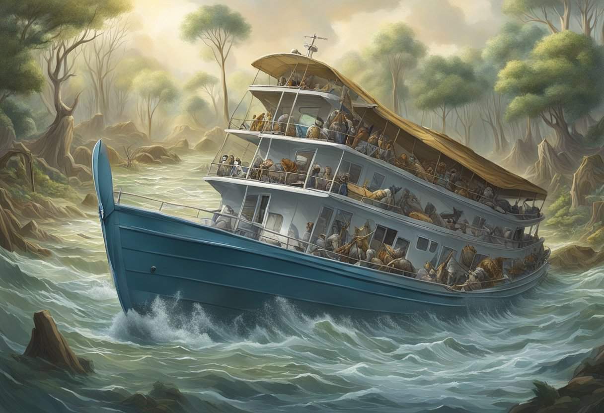 The great flood waters rise, engulfing the land, as animals seek refuge on a massive boat