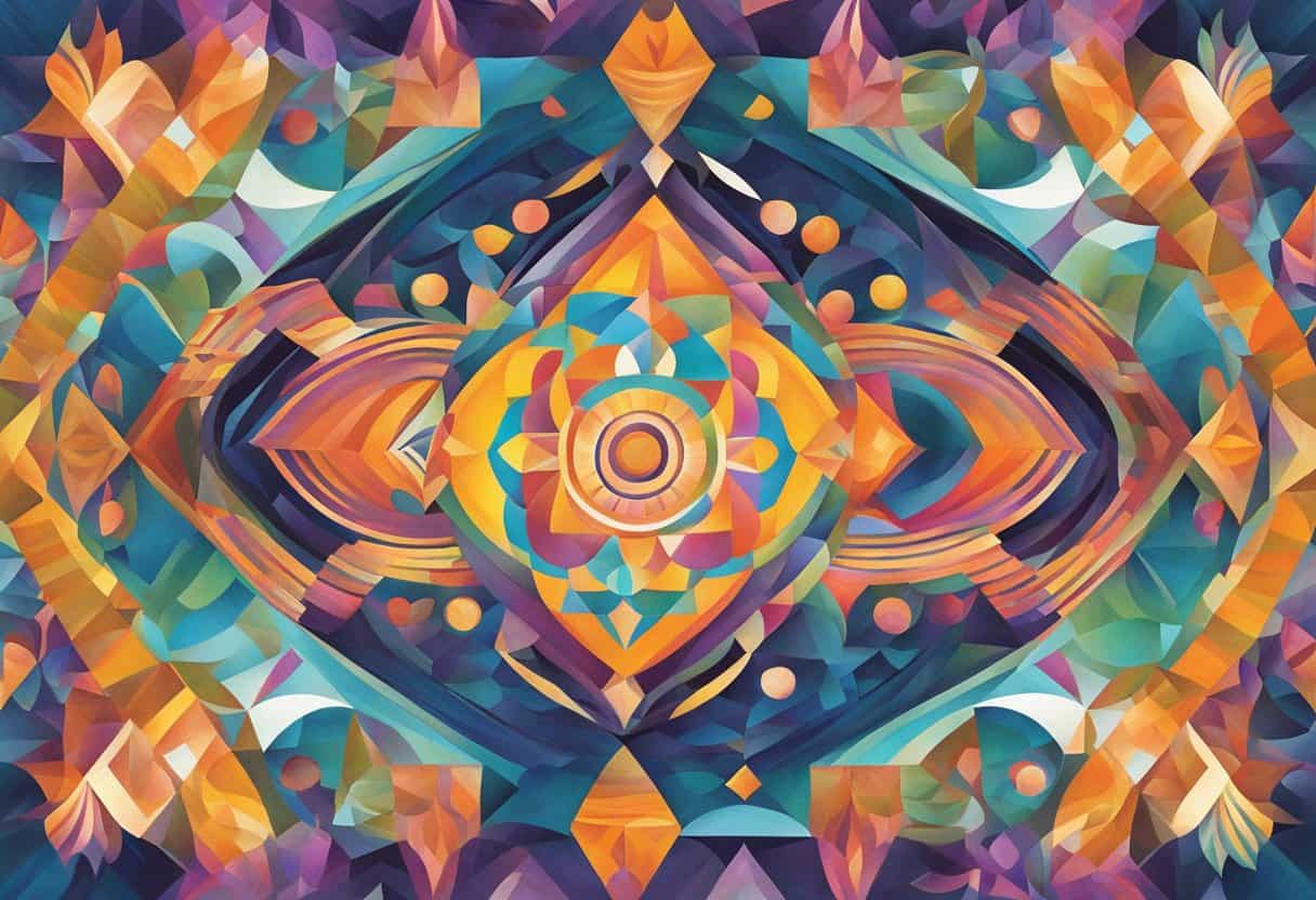Vibrant colors and geometric shapes symbolize the ancient wisdom of the Upanishads, reflecting their relevance in contemporary society