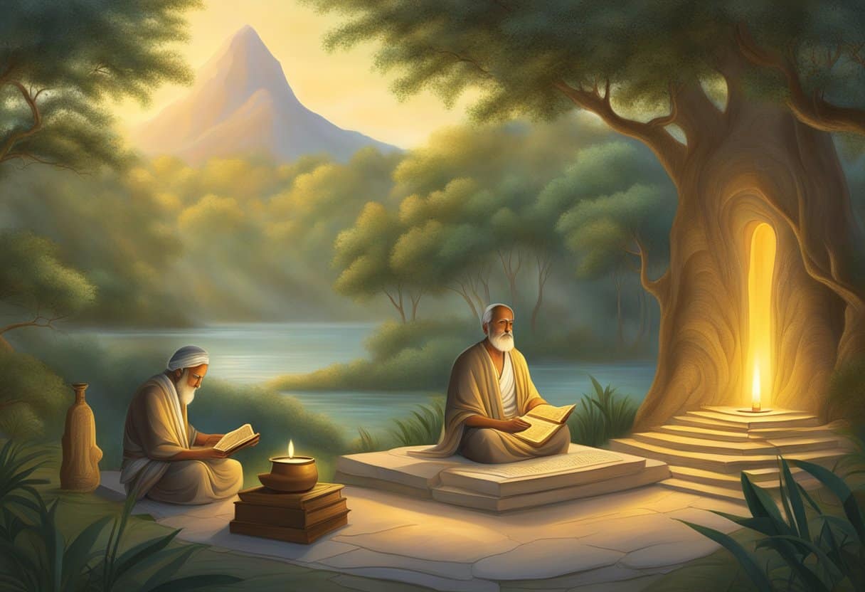 The Upanishads' central teachings and philosophy depicted in a serene natural setting with a glowing light and ancient texts