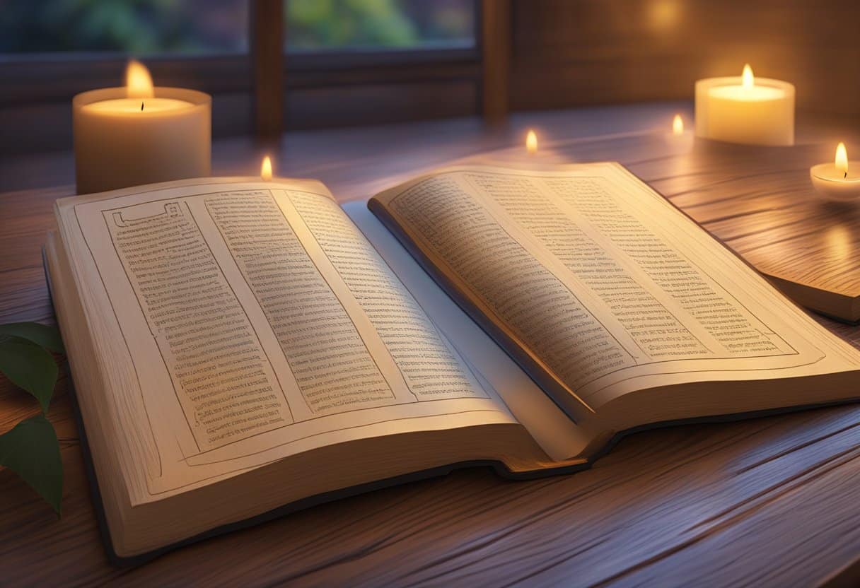 The serene and ancient text of the Upanishads lies open on a wooden table, bathed in the soft glow of a nearby candle