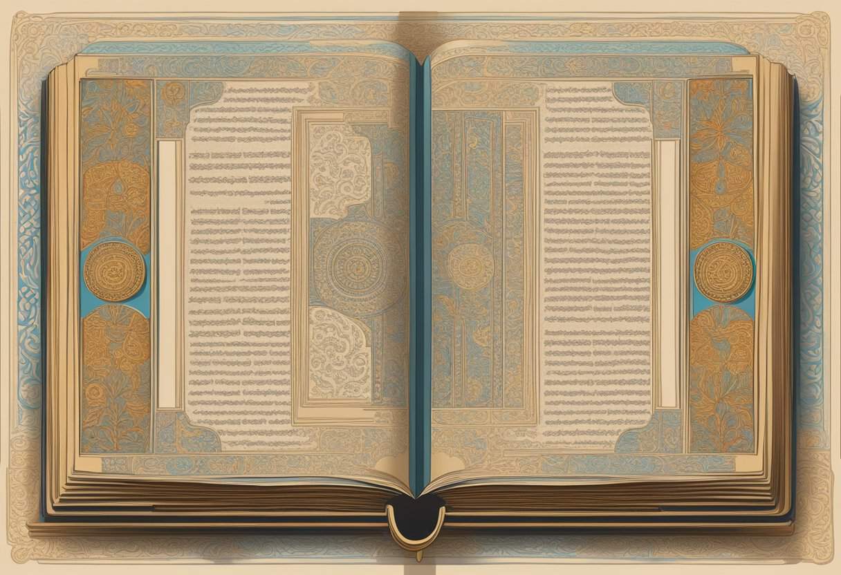 An open book with intricate designs and Sanskrit text, representing the sacred scriptures of Hinduism