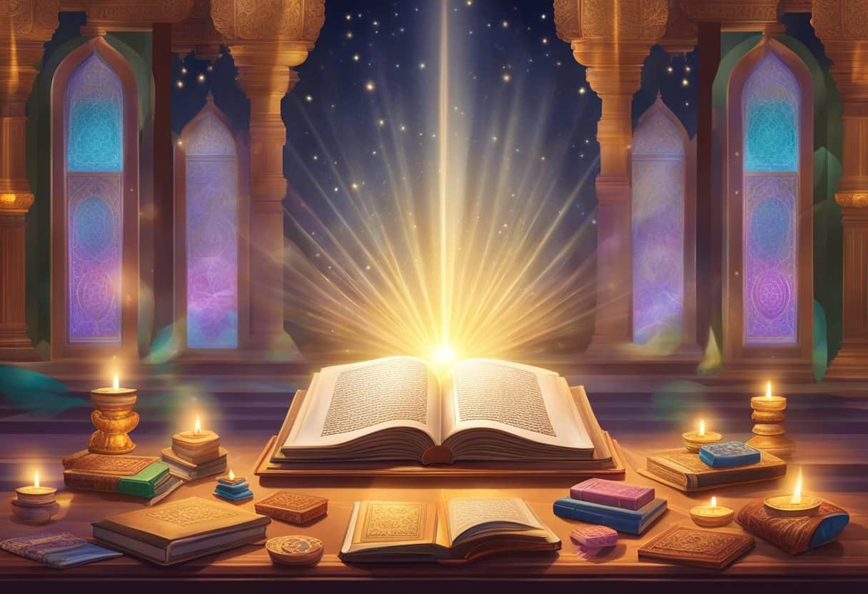 A sacred Hindu book sits open on a grand altar, surrounded by incense and offerings, with rays of light streaming in from the windows