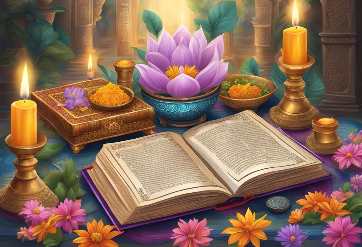 A sacred Hindu book, Orígenes del Hinduismo, lies open on an ornate altar, surrounded by fragrant incense and colorful flower offerings