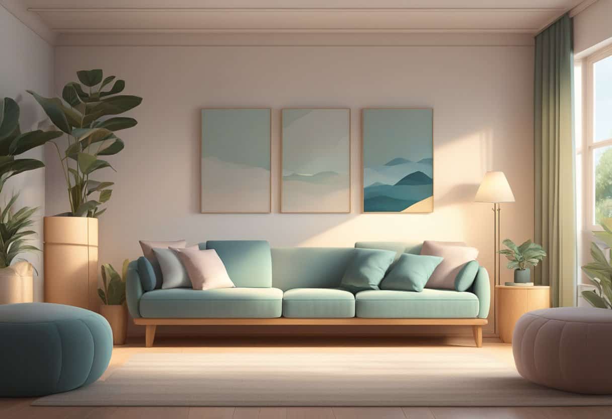 A serene figure lies in a peaceful room, surrounded by soft lighting and comfortable cushions. The atmosphere is calm and tranquil, inviting relaxation and introspection