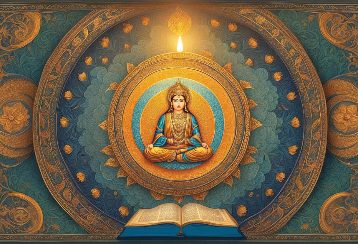 A sacred Hindu scripture rests on an ornate altar, adorned with intricate carvings and vibrant colors. The soft glow of candlelight illuminates the pages, casting a warm and reverent atmosphere