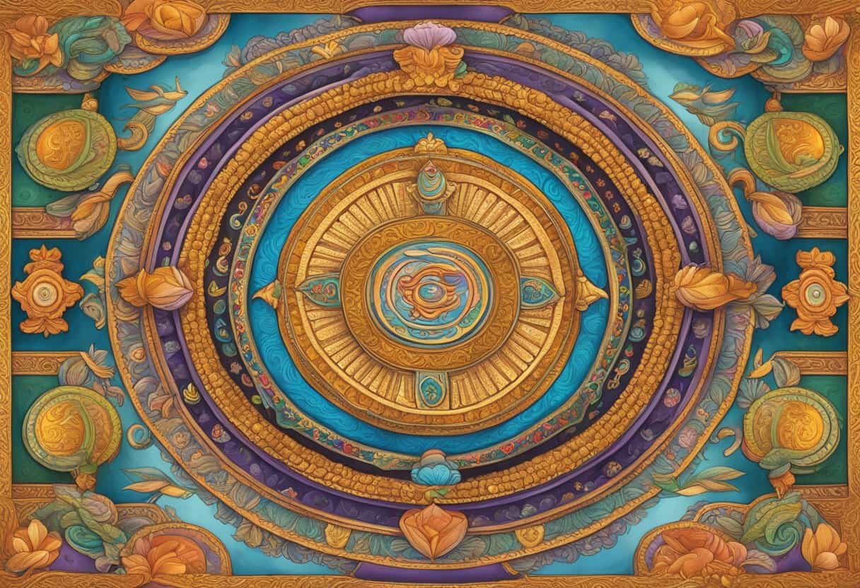The sacred Hindu text "Frequently Asked Questions" is depicted with ornate script and vibrant colors, surrounded by traditional symbols and offerings