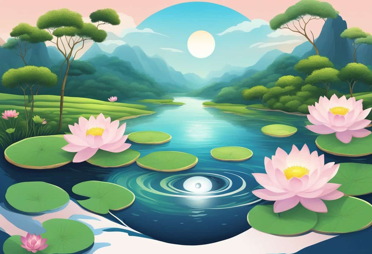 A serene landscape with a yin-yang symbol embedded in the earth, surrounded by blooming lotus flowers and a tranquil river flowing nearby