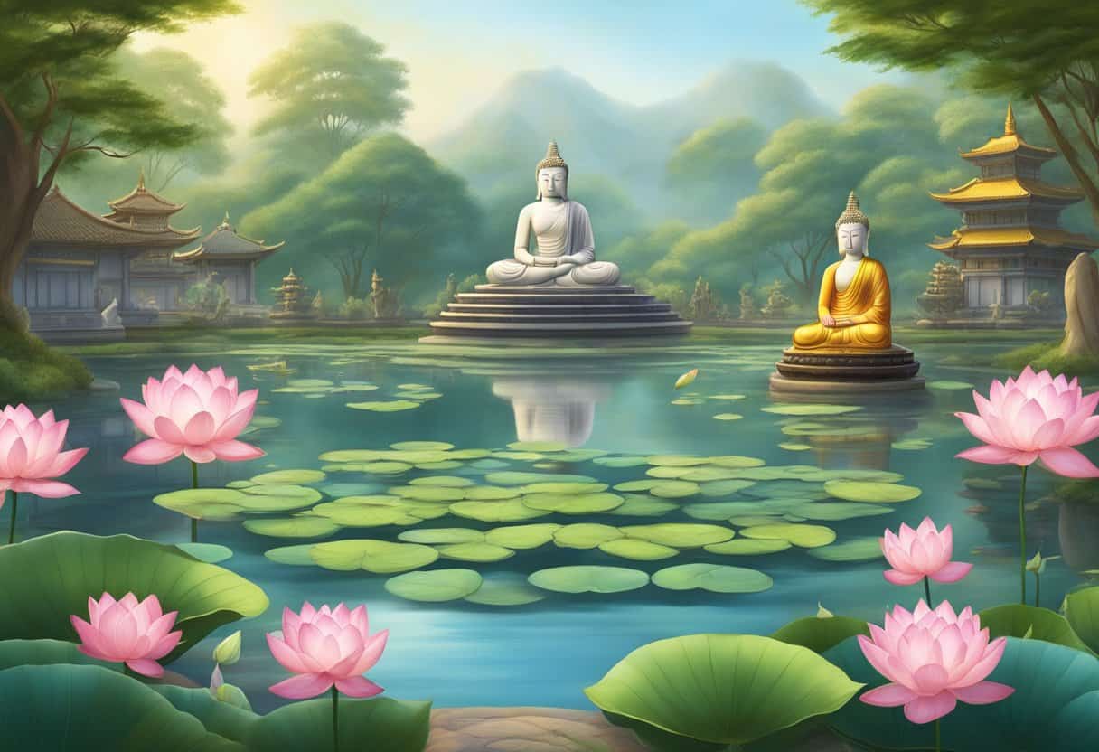A serene garden with blooming lotus flowers and a tranquil pond, surrounded by statues of Buddha and symbols of the dharma and karma