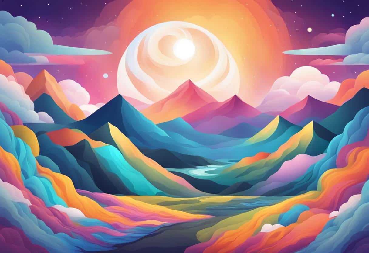 A serene mountain landscape with a yin-yang symbol floating in the sky, surrounded by swirling energy and vibrant colors