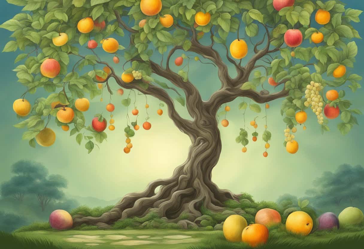 A serene garden with a tree bearing both ripe and withered fruits, symbolizing the fundamental concepts of karma and dharma