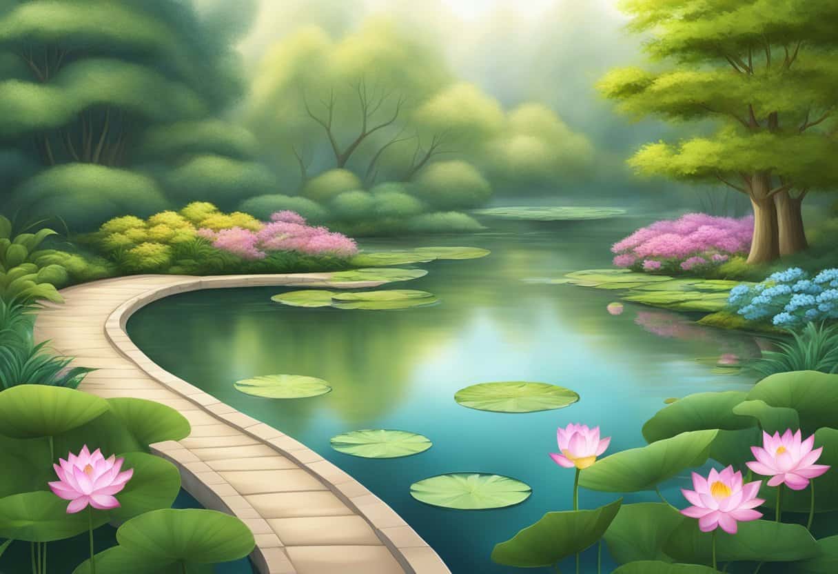 A serene garden with a blooming lotus, a winding path, and a peaceful pond reflecting the surrounding trees