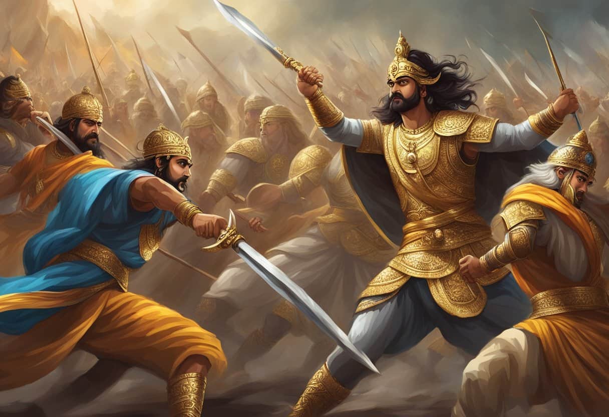The main characters of Mahabharata in a fierce battle, with weapons clashing and intense emotions on their faces