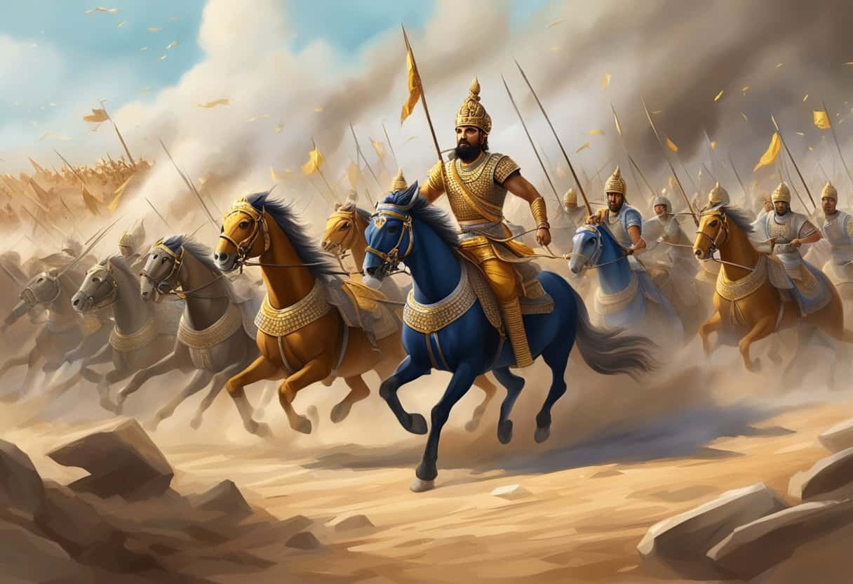 The battlefield of Kurukshetra, with chariots and warriors clashing, surrounded by dust and tumultuous energy