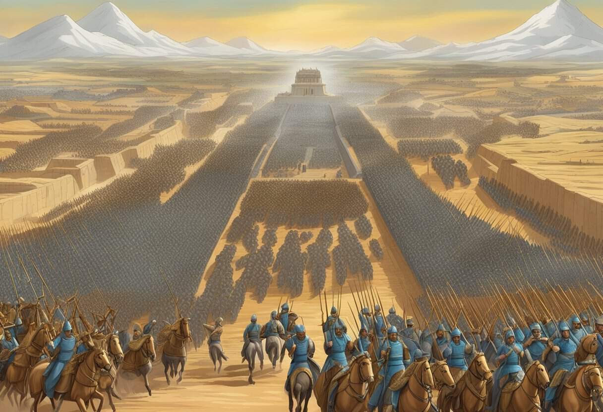 The battlefield of Kurukshetra, with armies poised for war and chariots lined up, ready for battle