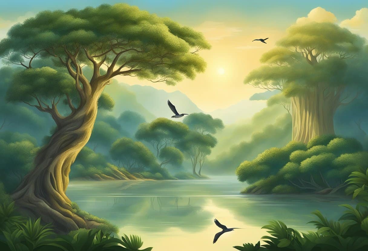 A serene landscape with a towering banyan tree, birds in flight, and a tranquil river flowing, symbolizing the teachings and philosophy of the Mahabharata