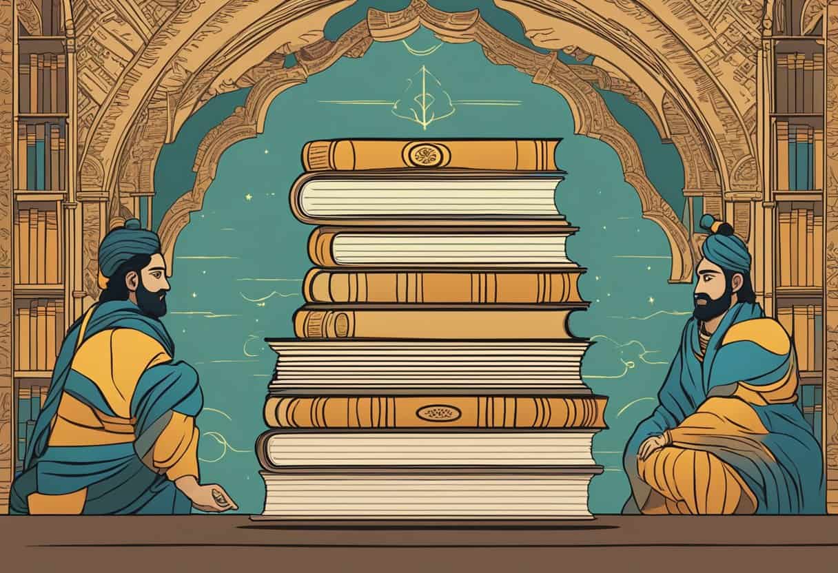 The scene depicts a stack of books with the title "Frequently Asked Questions Mahabharata" prominently displayed on the cover