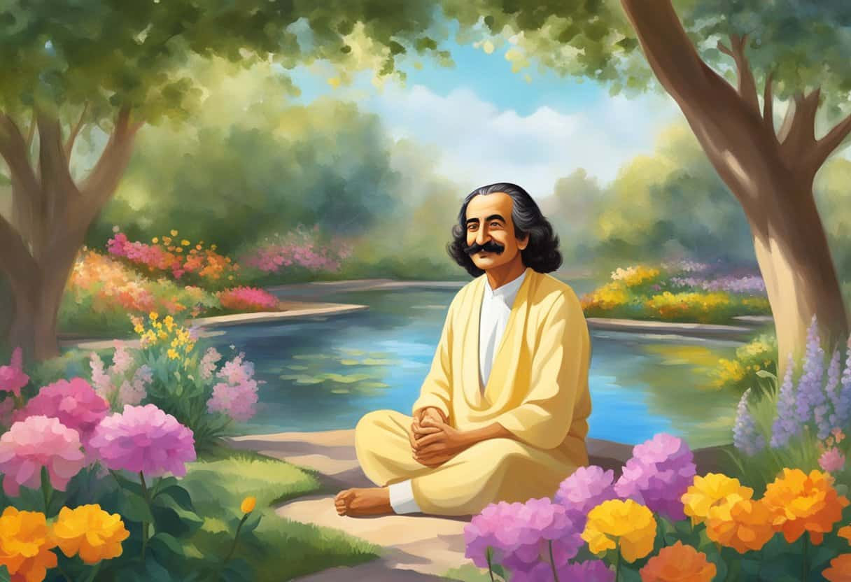 Meher Baba sits in a serene garden, surrounded by colorful flowers and a tranquil pond. The sun shines gently, casting a warm glow over the scene