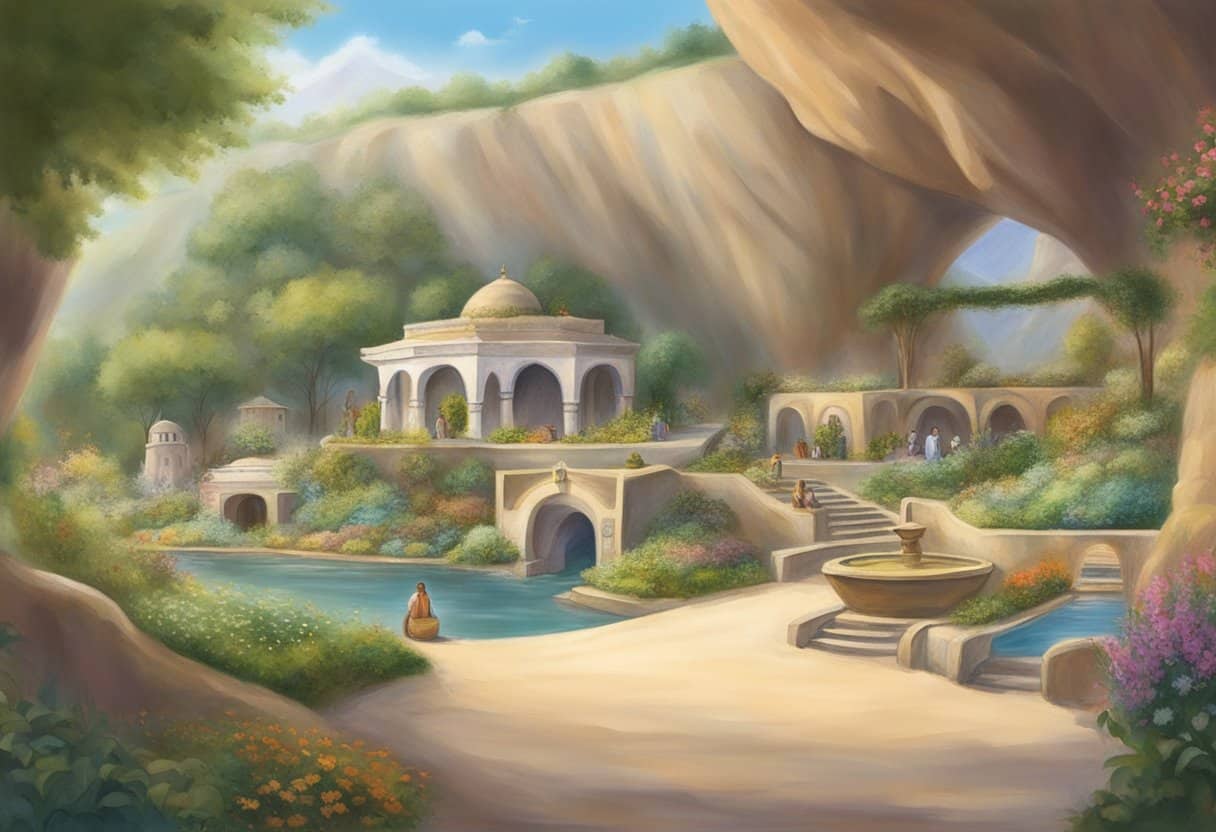 Meher Baba's important places: a serene cave, a bustling marketplace, a peaceful garden, and a vibrant spiritual gathering