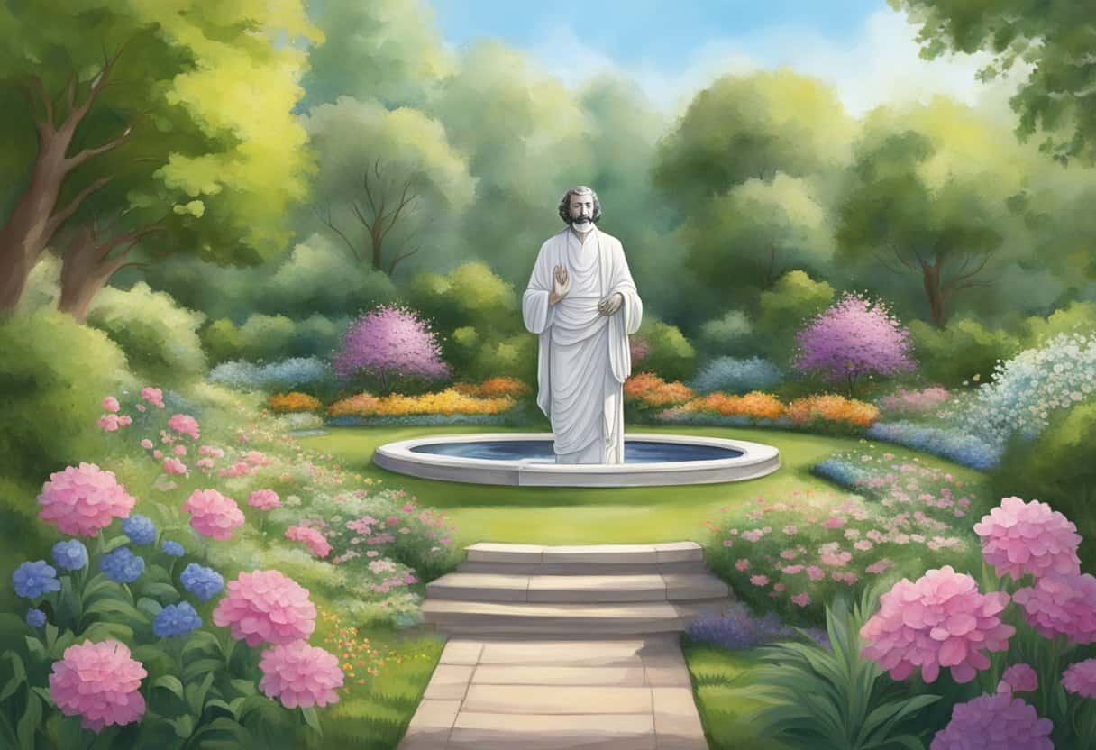 A serene garden with blooming flowers and a peaceful atmosphere, with a prominent statue of Meher Baba as the focal point