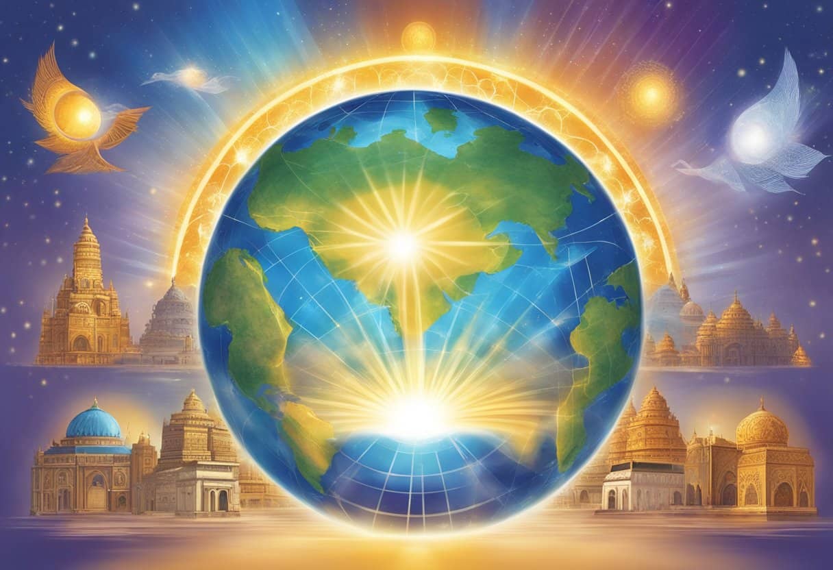 A radiant globe emitting light, surrounded by diverse symbols and cultures, with rays extending outward, symbolizing the impact and influence of Meher Baba in the world