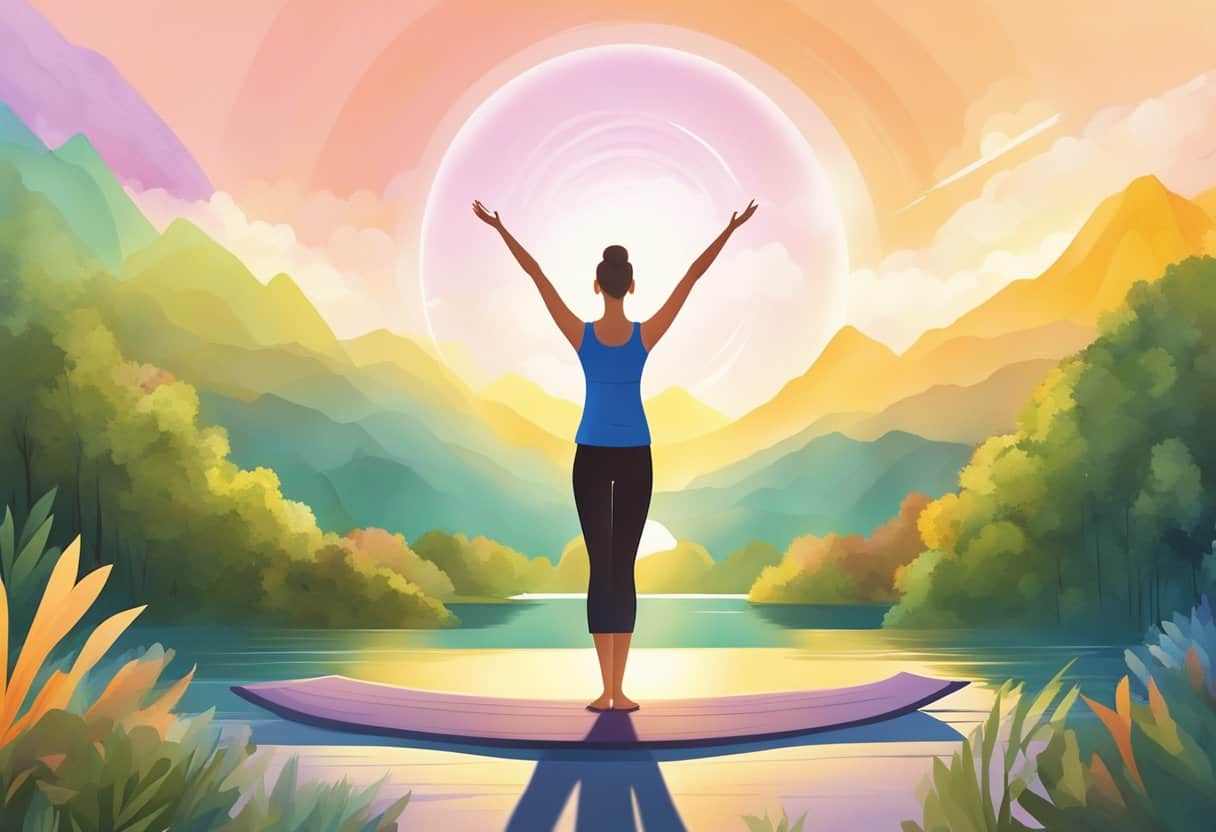 A figure stands in a yoga pose, arms raised toward the sun, surrounded by nature