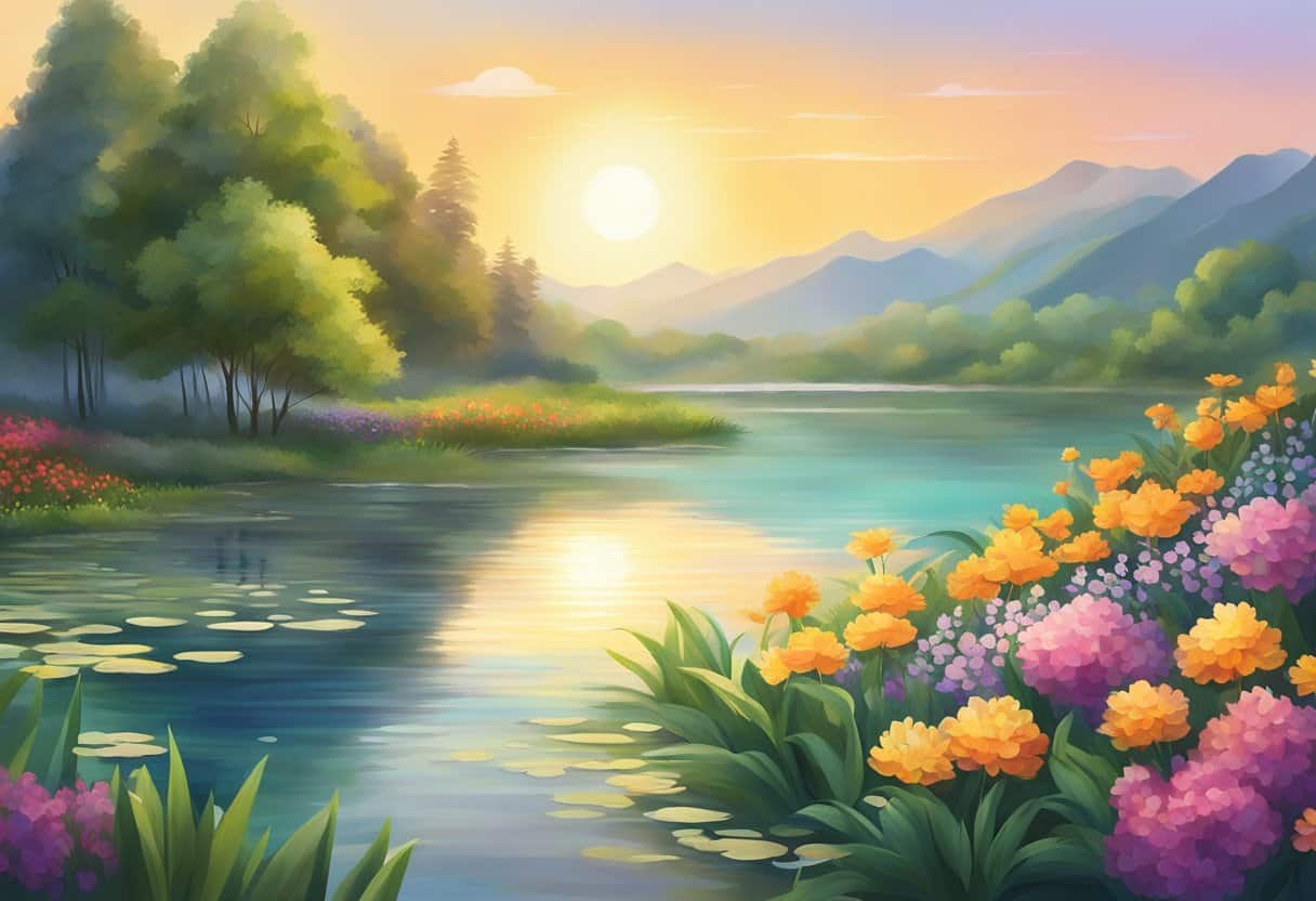 A serene landscape with the sun rising over a calm body of water, surrounded by lush greenery and vibrant flowers