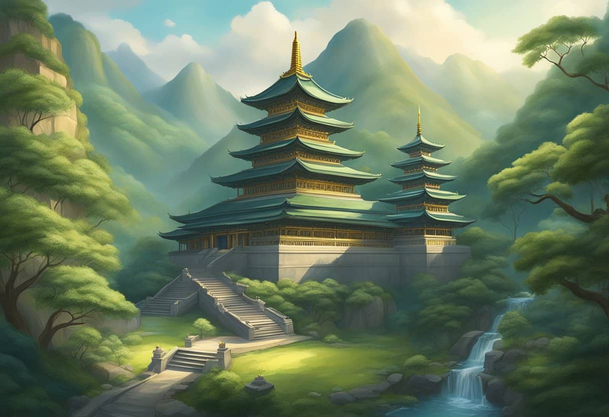 A serene temple nestled in a lush, mountainous landscape, with intricate Buddhist symbols adorning the architecture. The scene is enveloped in a peaceful, ethereal atmosphere