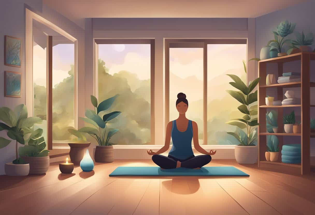 A serene setting with a peaceful atmosphere, featuring a cozy and dimly lit space for relaxation and meditation, with yoga props and soothing music in the background