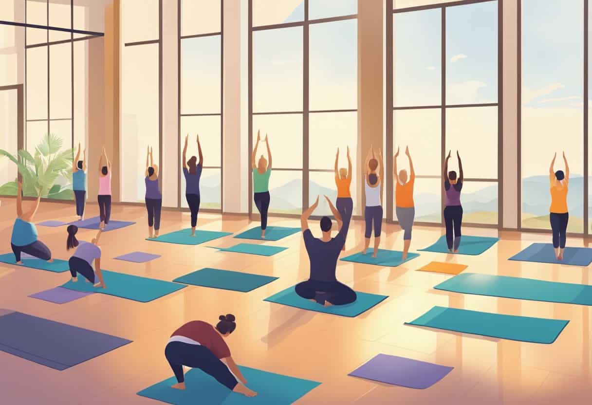 A serene yoga mat with a sunrise backdrop, surrounded by nature and calmness