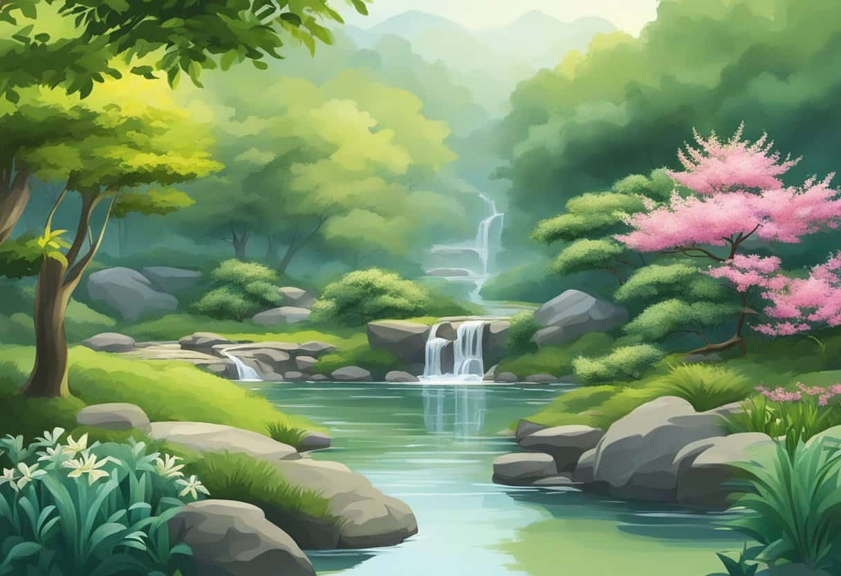 A serene garden with flowing water, lush greenery, and stillness, evoking the principles of Wu Wei
