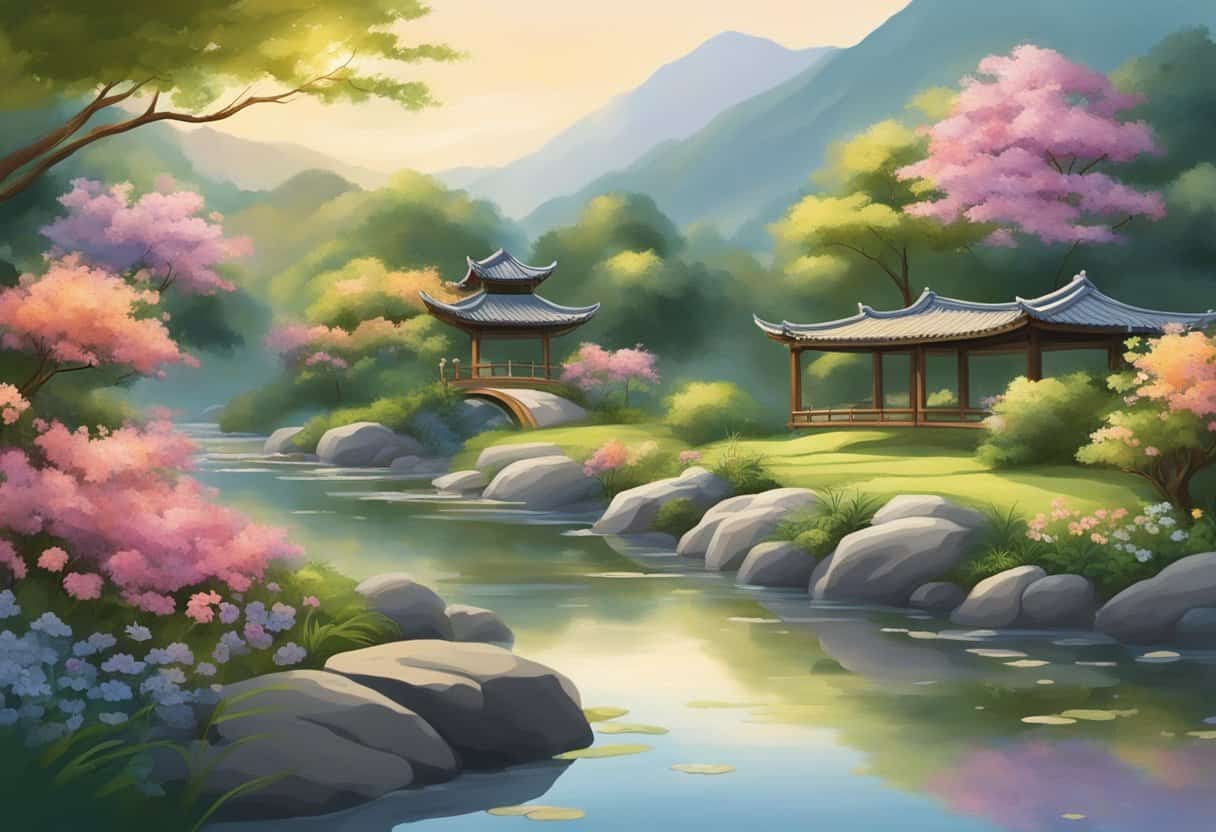 A serene garden with a flowing stream, blooming flowers, and a tranquil atmosphere, embodying the concept of wu wei