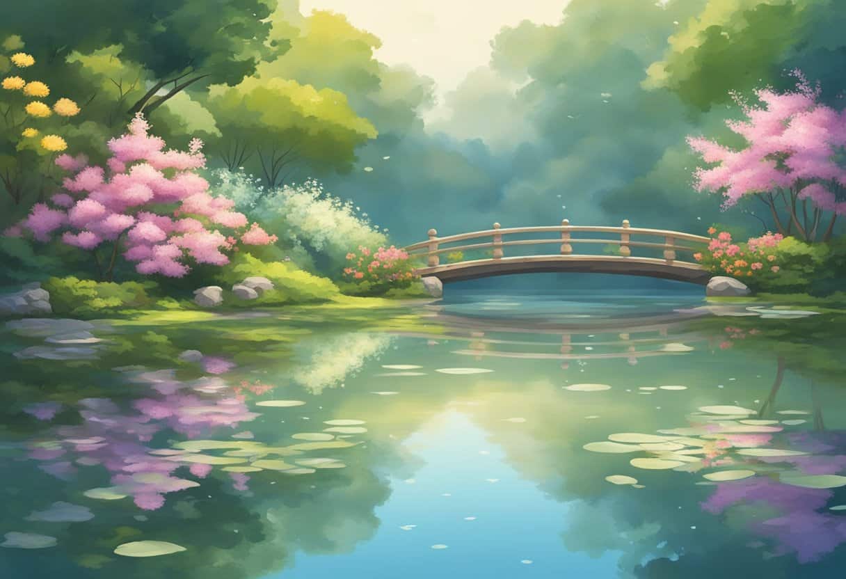 A serene garden with still water, blooming flowers, and gentle breeze. A sense of harmony and balance in nature