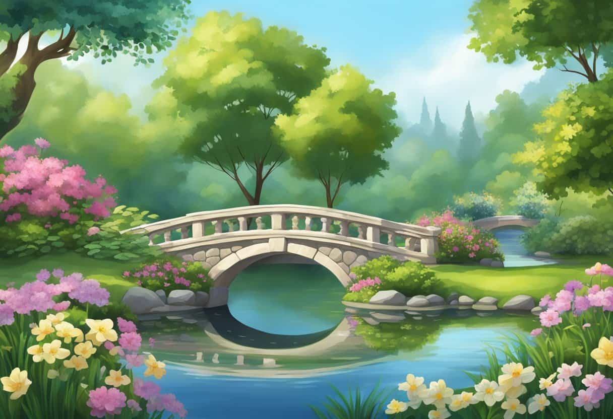 A serene garden with a tranquil pond and a stone bridge, surrounded by lush greenery and blooming flowers, exuding a sense of peacefulness and harmony