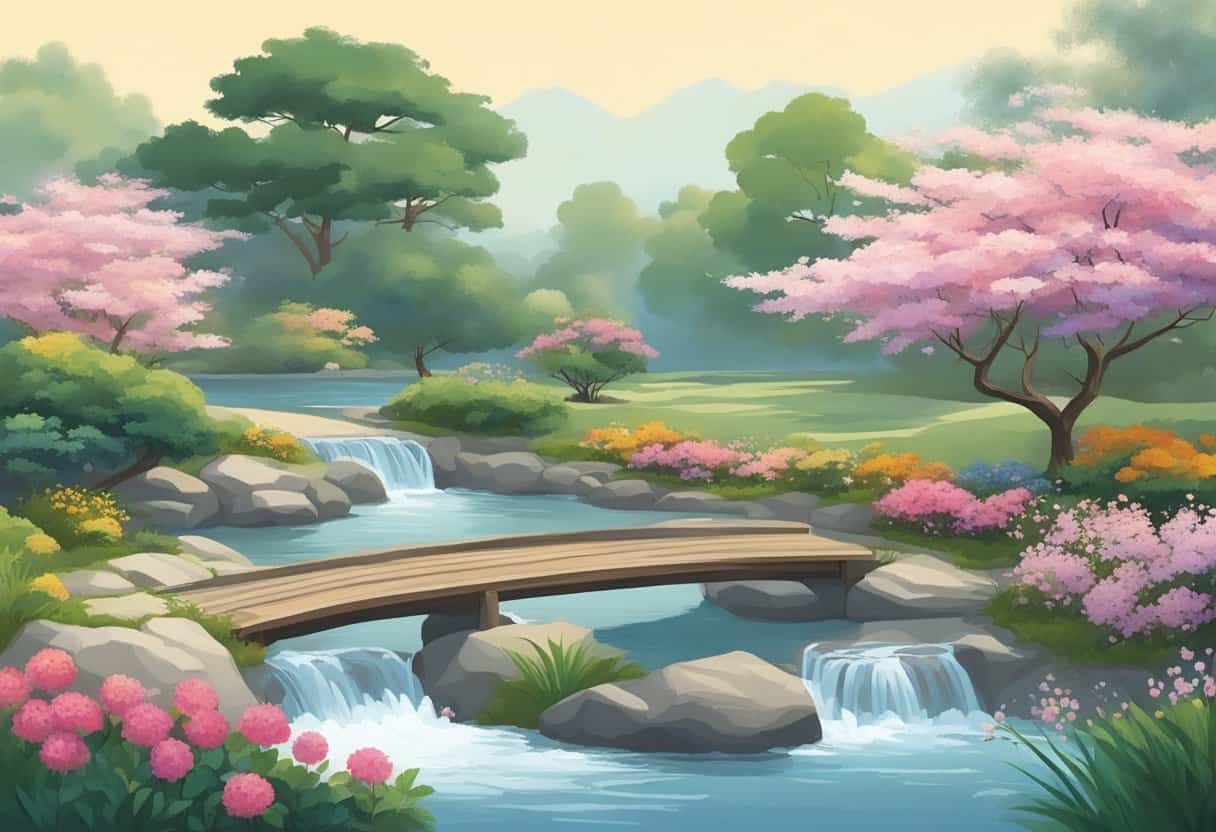 A serene garden with flowing water, blooming flowers, and still trees embodies the concept of Wu Wei, conveying a sense of effortless harmony and natural balance