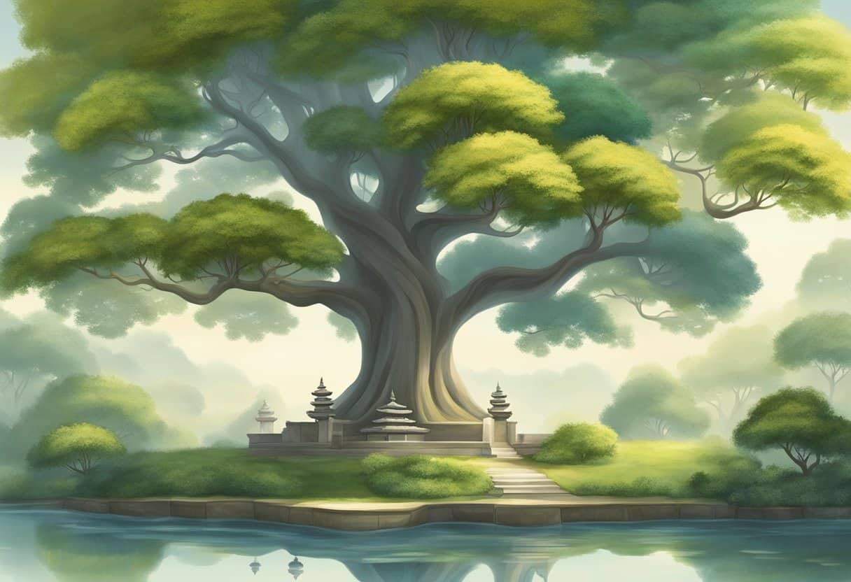 A serene garden with a Bodhi tree, symbolizing enlightenment, and a peaceful pond, representing the interconnectedness of all life. The scene exudes tranquility and harmony, reflecting the Buddhist philosophy of life and ethics