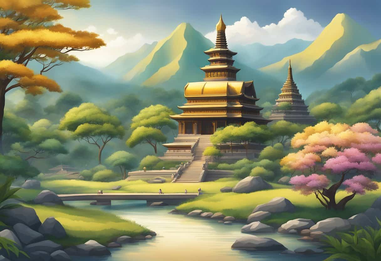 Buddhist symbols and teachings spreading through a serene landscape