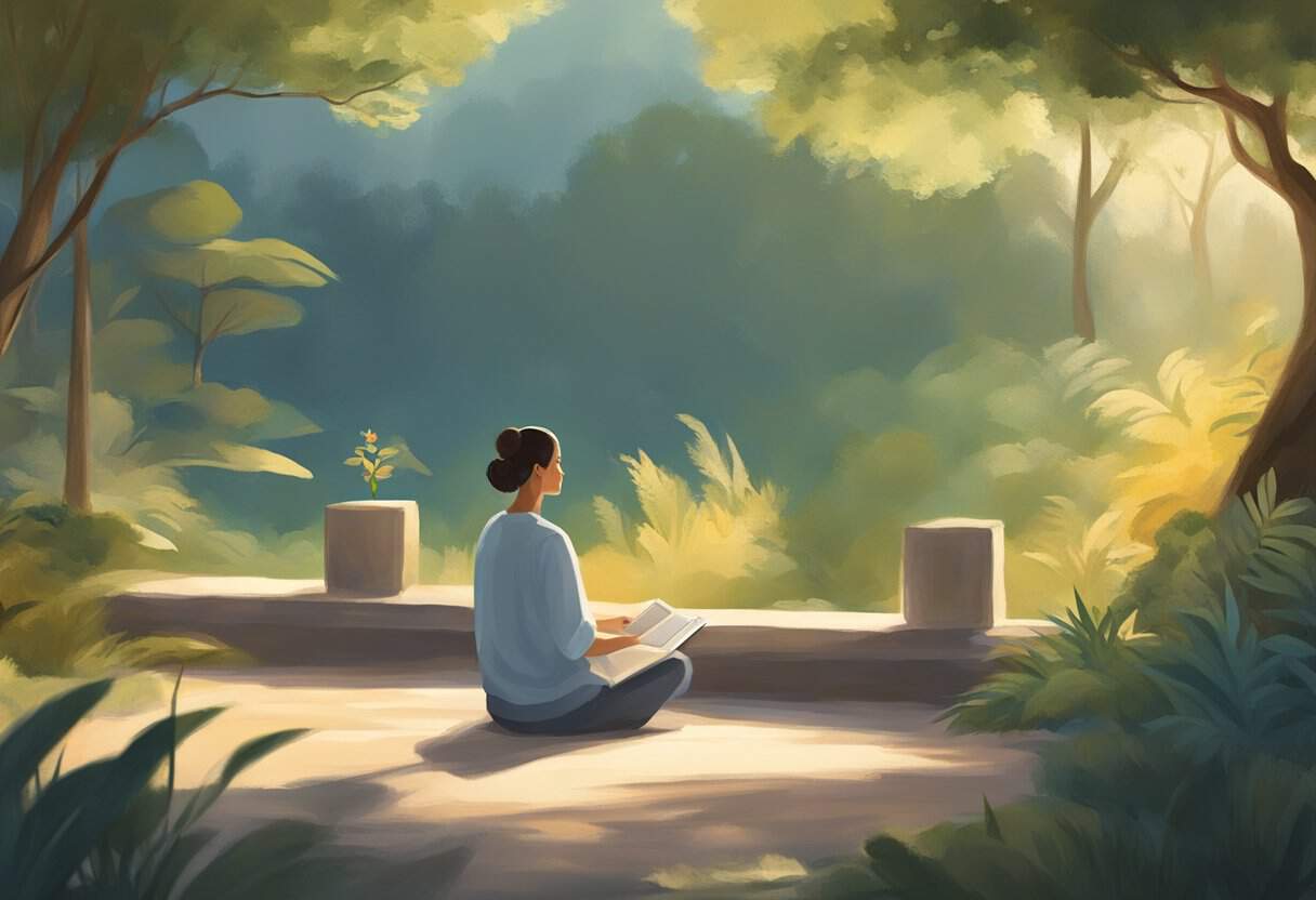 A serene, peaceful setting with a soft, warm light. A figure lies in a relaxed position, surrounded by nature and a sense of calm
