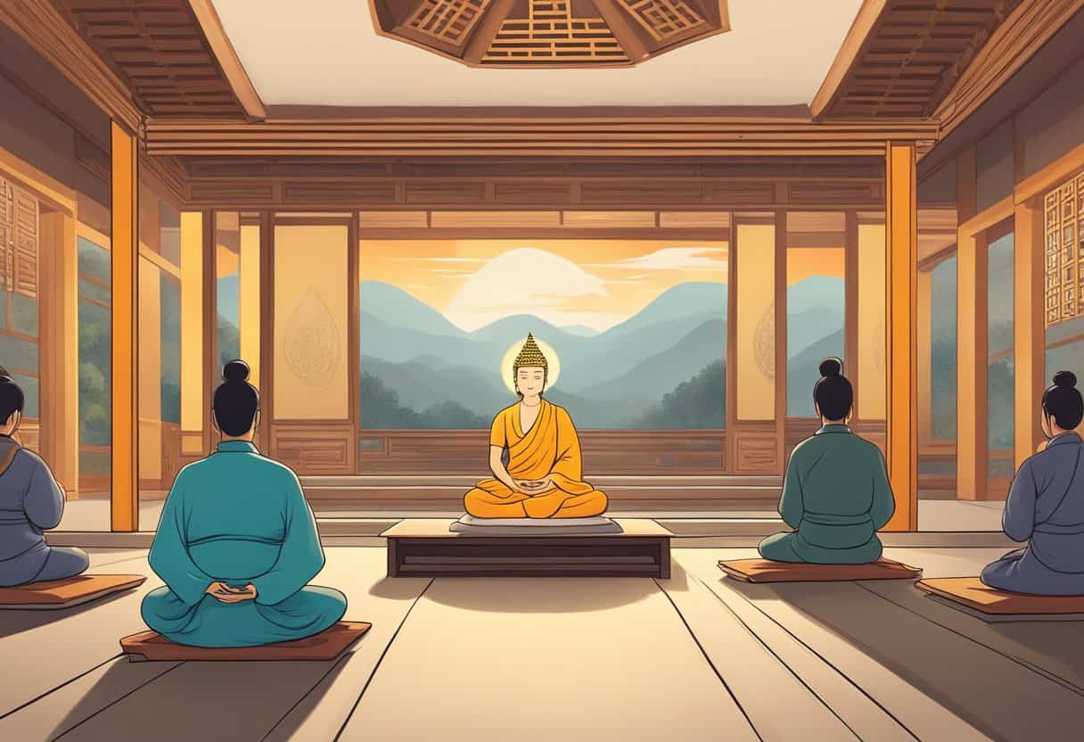 Buddhist meditation and practice, with incense, cushions, and a serene atmosphere