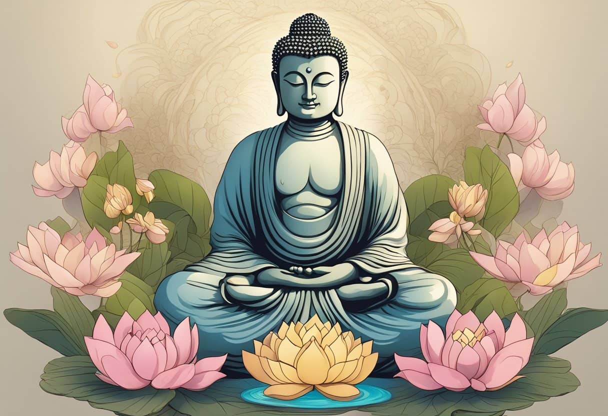 A serene Buddha statue surrounded by incense and lotus flowers